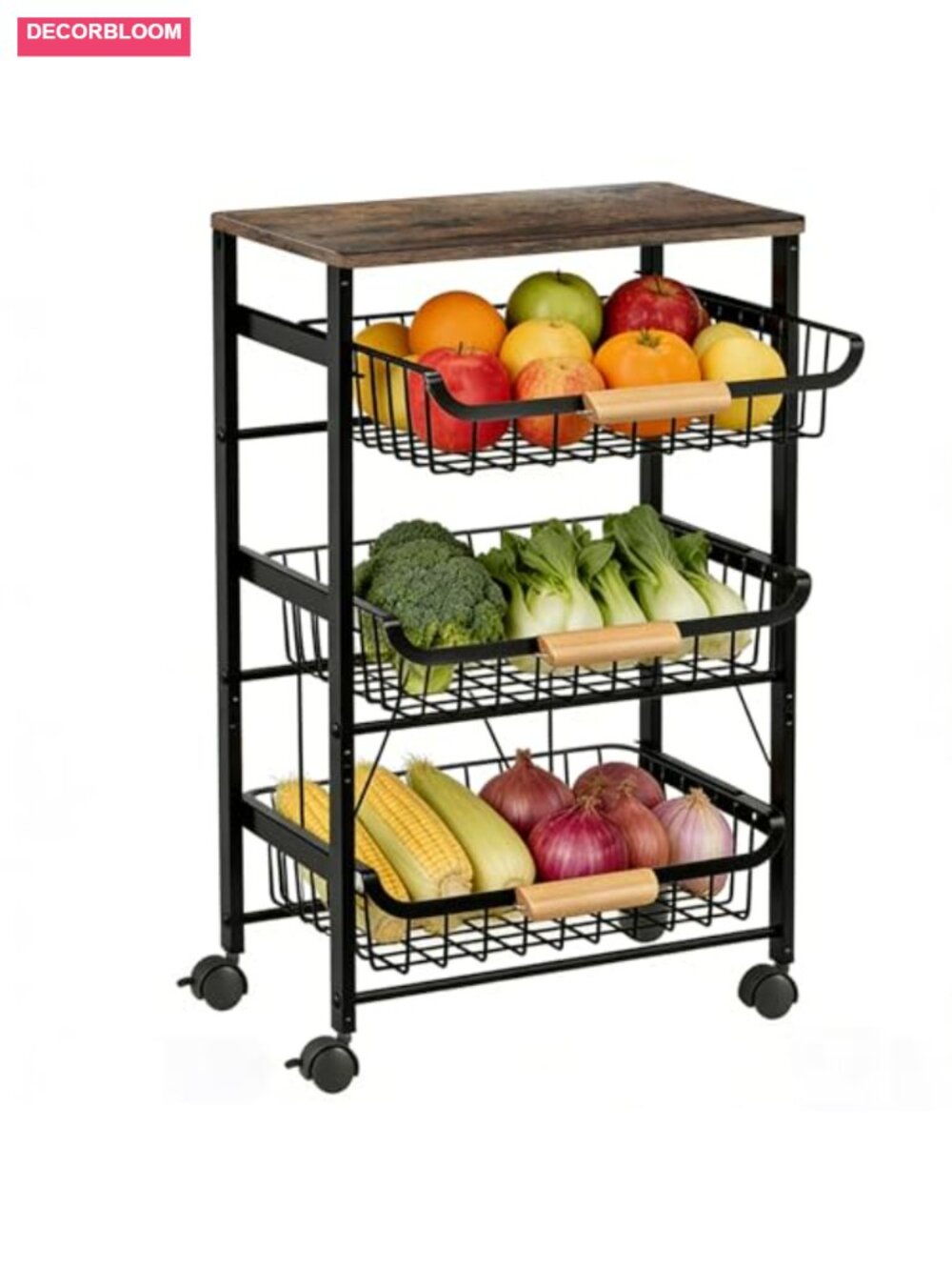 4-Tier Rolling Storage Cart Wood Top Removable Baskets Kitchen Organizer